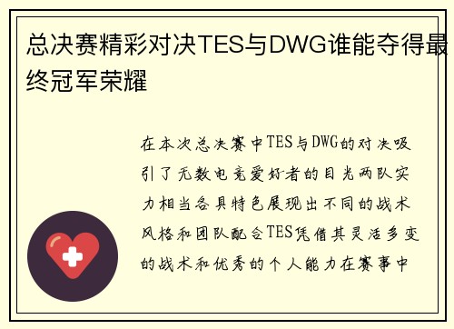 总决赛精彩对决TES与DWG谁能夺得最终冠军荣耀